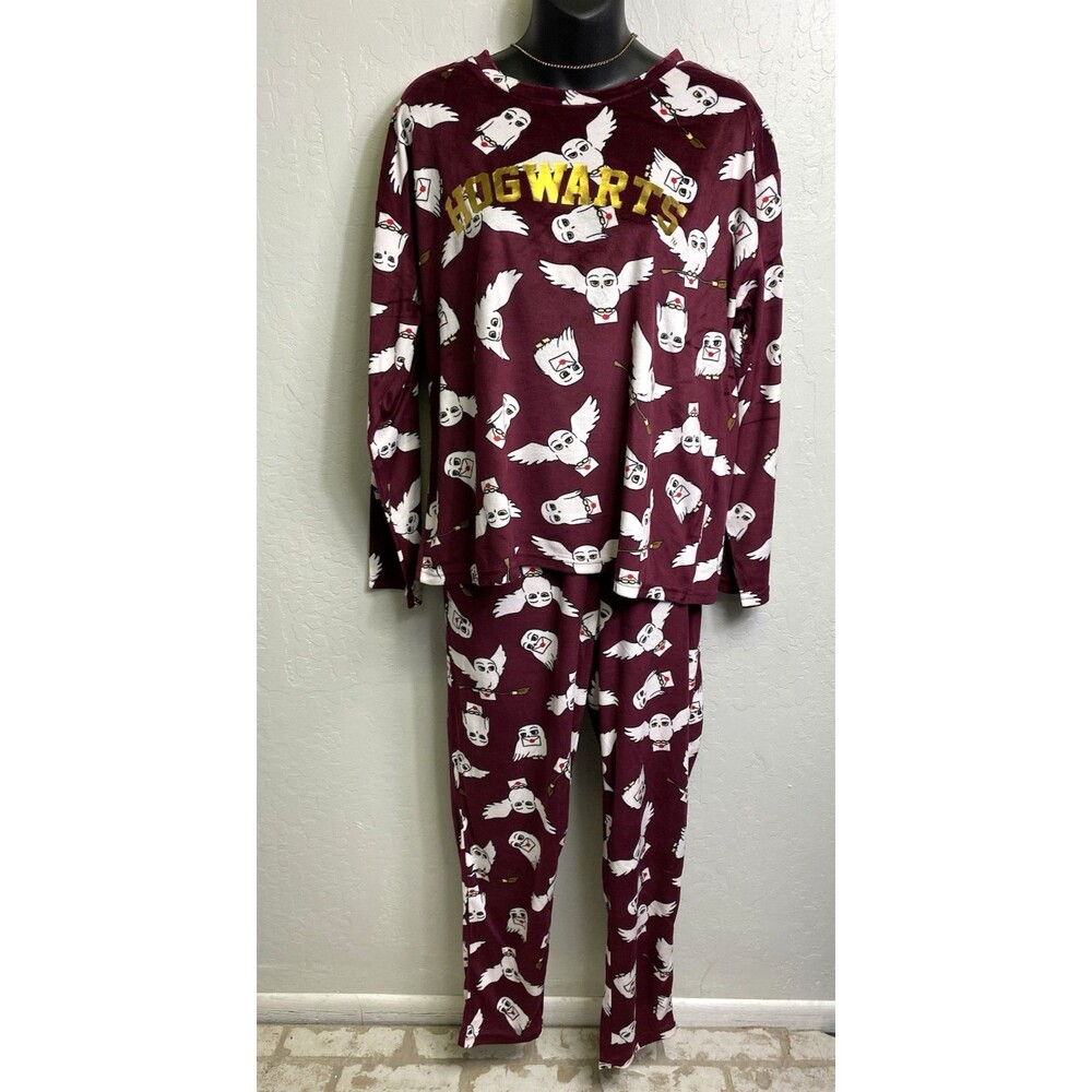 Harry Potter Womens M Pajama Set Fleece Hedwig Owl Maroon Red Sleepwear Cozy